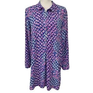 Lilly Pulitzer Lilith Collar Shirt Dress Medium Blue Pink Pineapple Print Casual